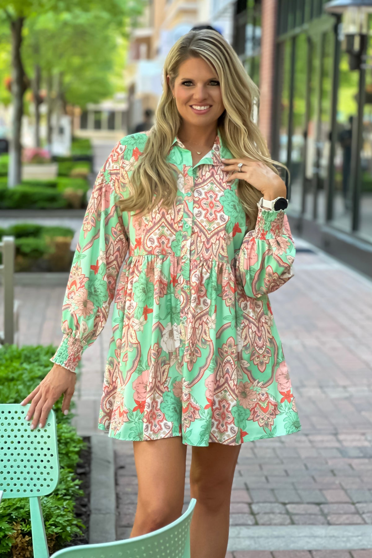 Milania Floral Print Button Up Midi Dress : Green