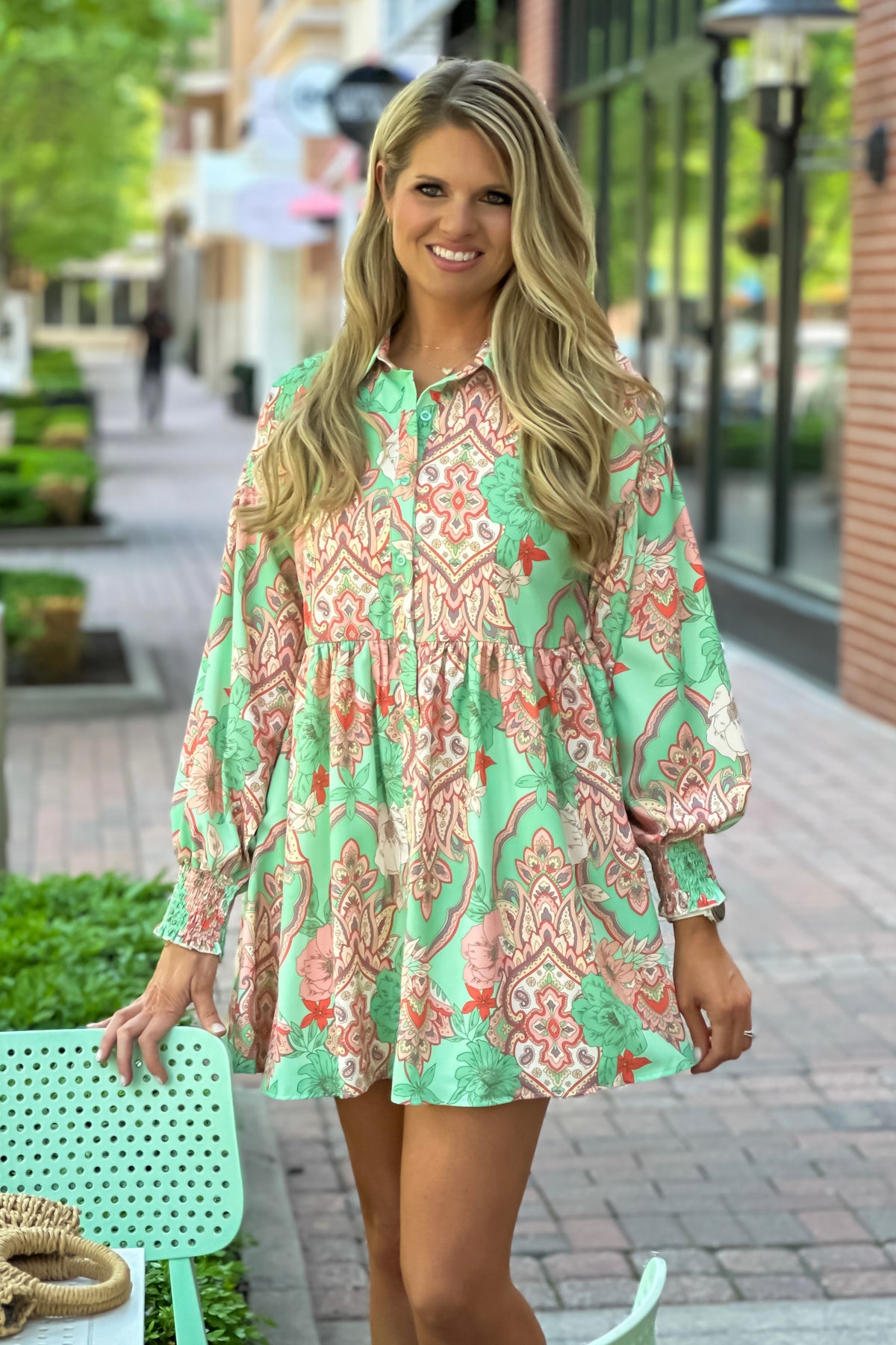 Milania Floral Print Button Up Midi Dress : Green