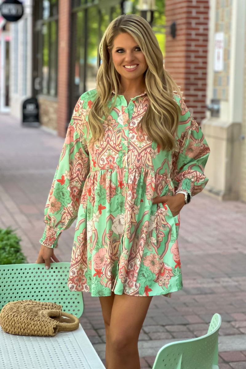 Milania Floral Print Button Up Midi Dress : Green