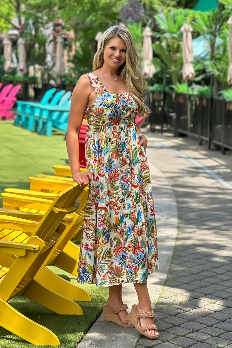 Olea Faux Button Up Floral Print Dress : Natural