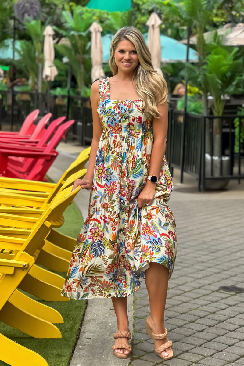 Olea Faux Button Up Floral Print Dress : Natural