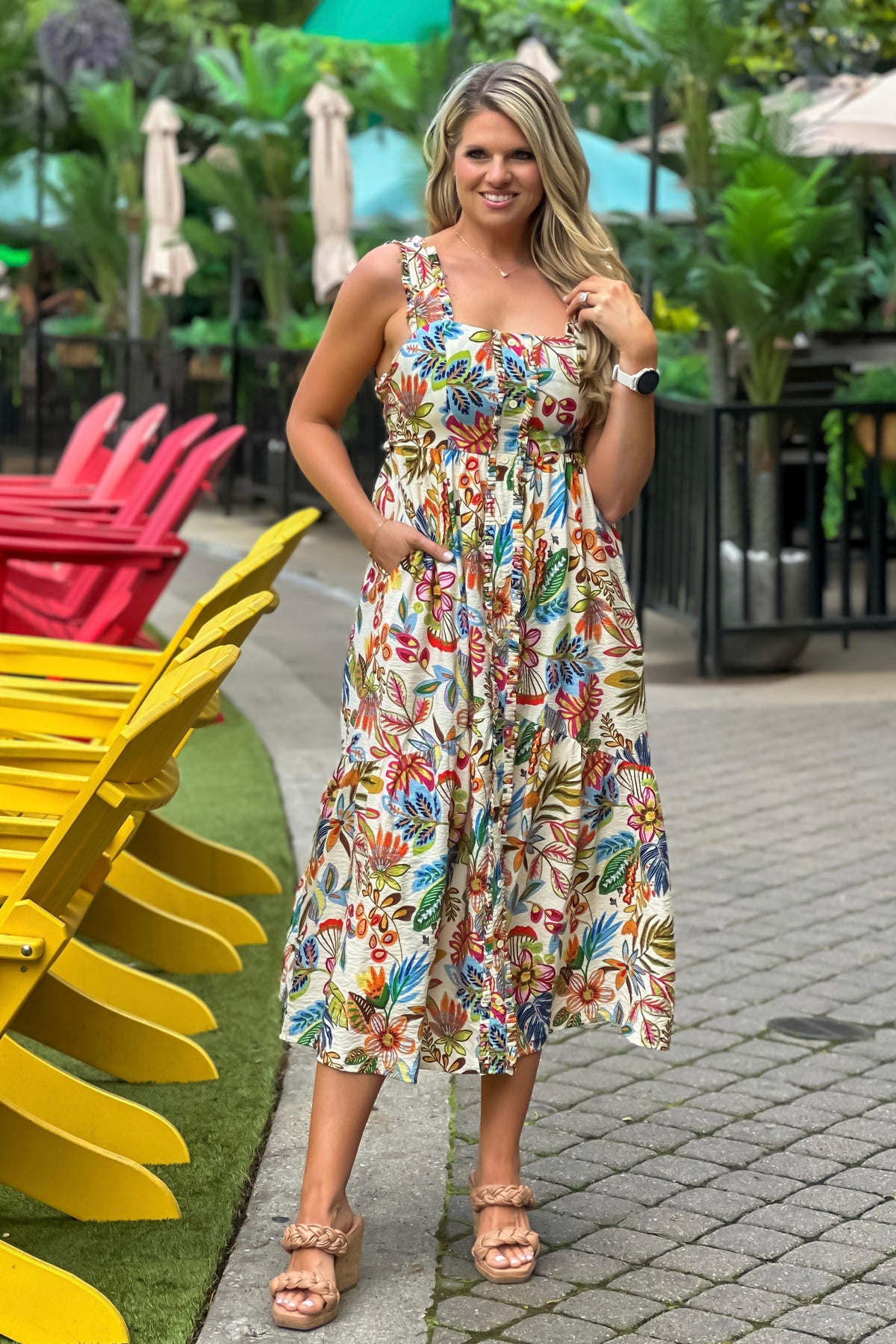 Olea Faux Button Up Floral Print Dress : Natural