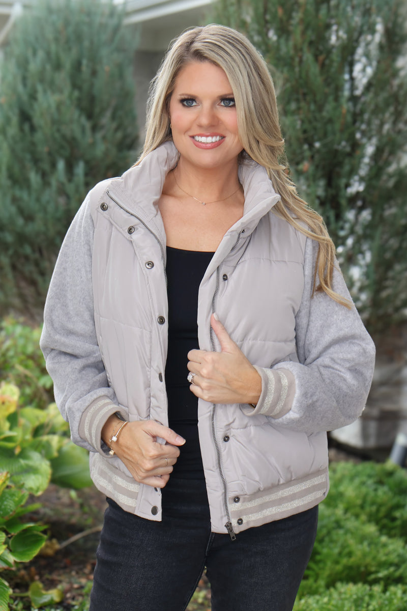 Kimora Mixed Media Puffer Jacket : Stone