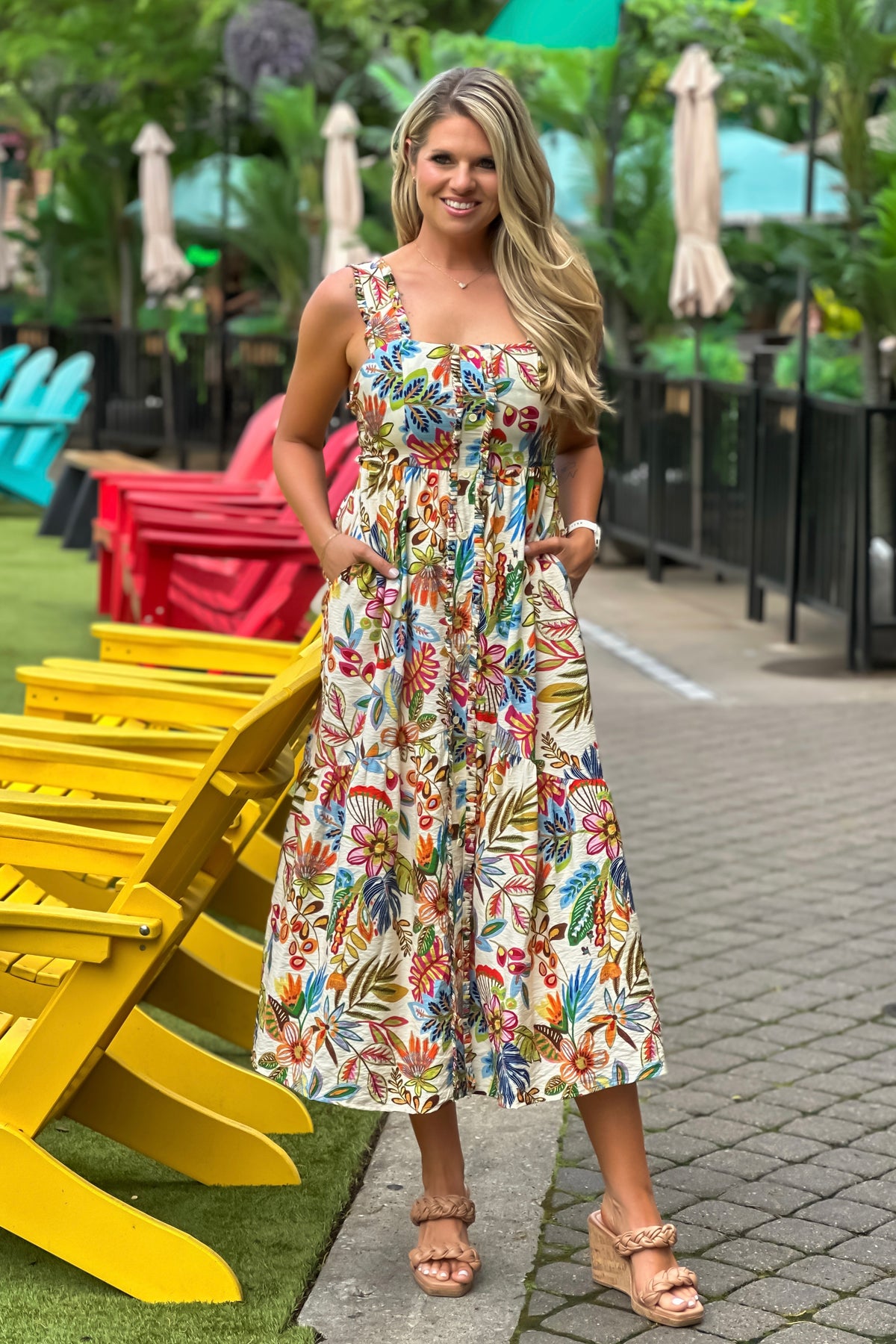Olea Faux Button Up Floral Print Dress : Natural