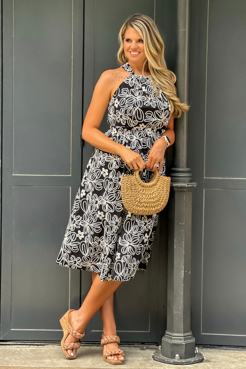 Scotlyn Embroidered Cross Back Midi Dress : Black