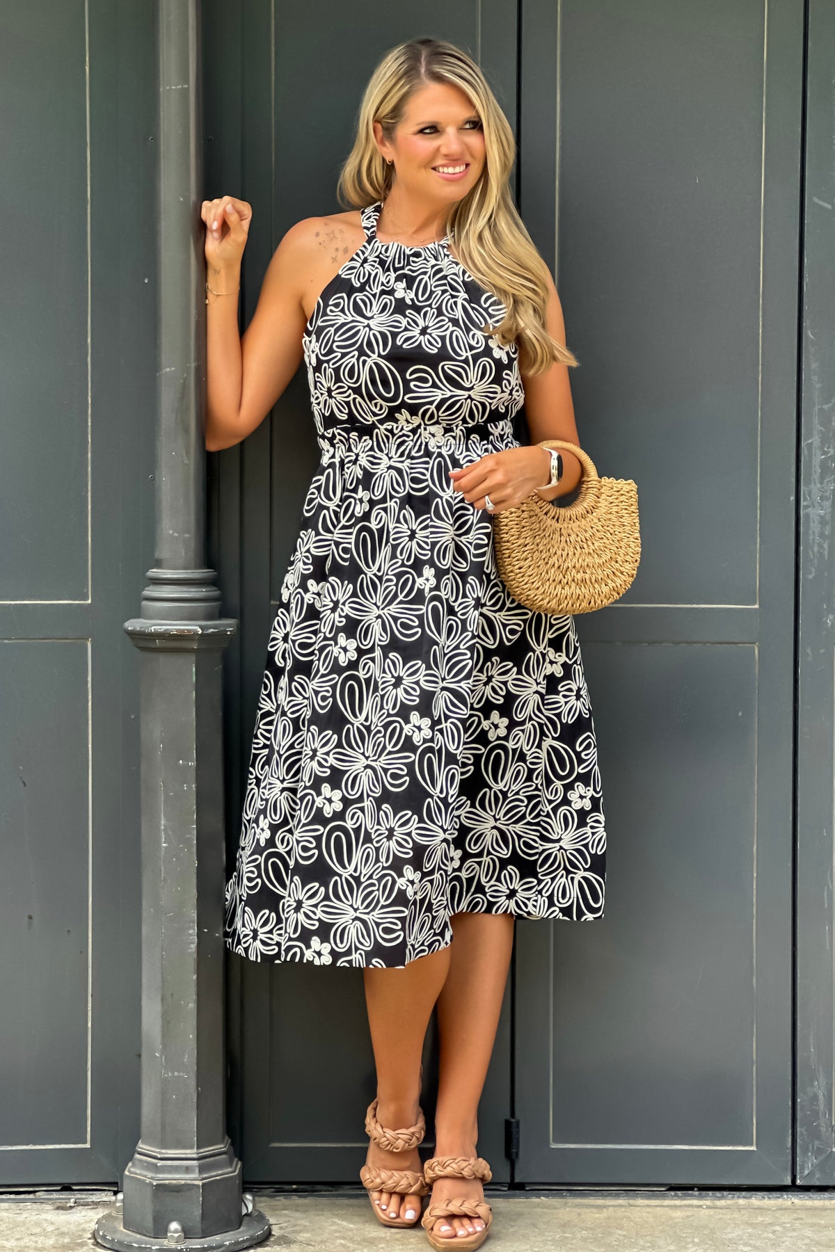 Scotlyn Embroidered Cross Back Midi Dress : Black