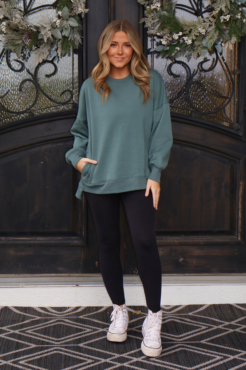 Willow Fleece Hi-Low Boyfriend Sweatshirt with Pockets :Ash Jade