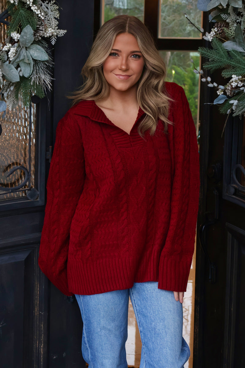 Defne Cable V Neck Knitted Sweater : Burgundy
