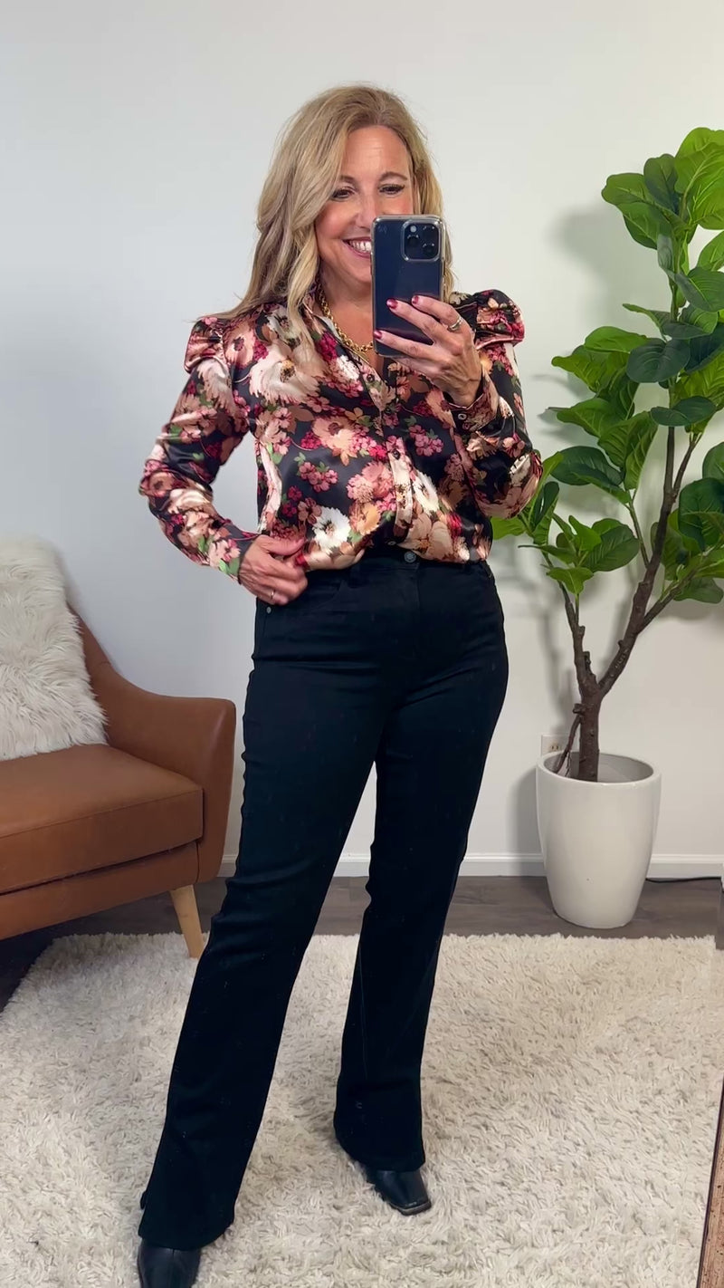 Raya Floral Print Satin Blouse : Black Multi