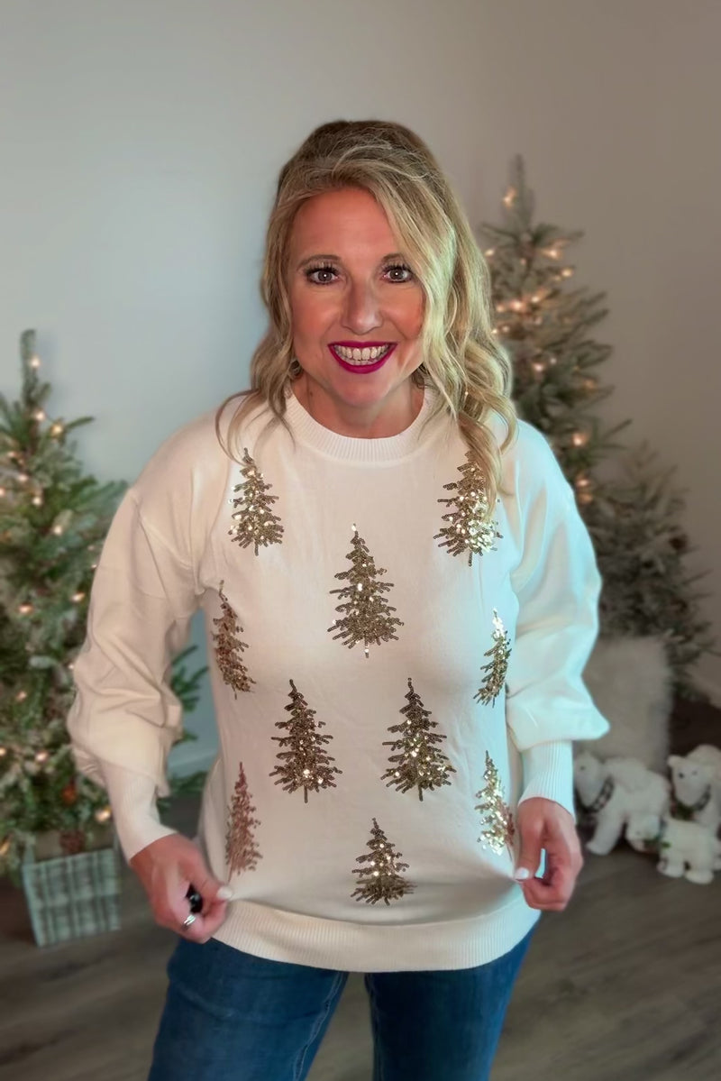 Sakura Tree Sequin Detail Knitted Sweater : Cream