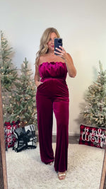 Deck the Hall Velvet Jumpsuit : Sangria