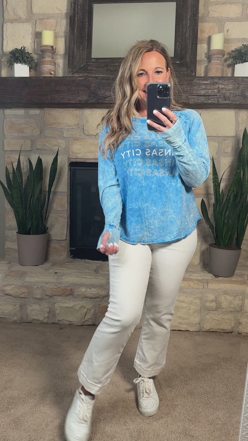 Kansas City Washed Thumb Hole L/S Top : Ocean Blue