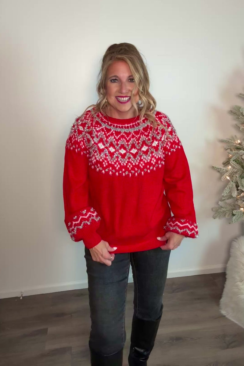 Peggy Glitter Yarn Cozy Knitted Sweater : Red
