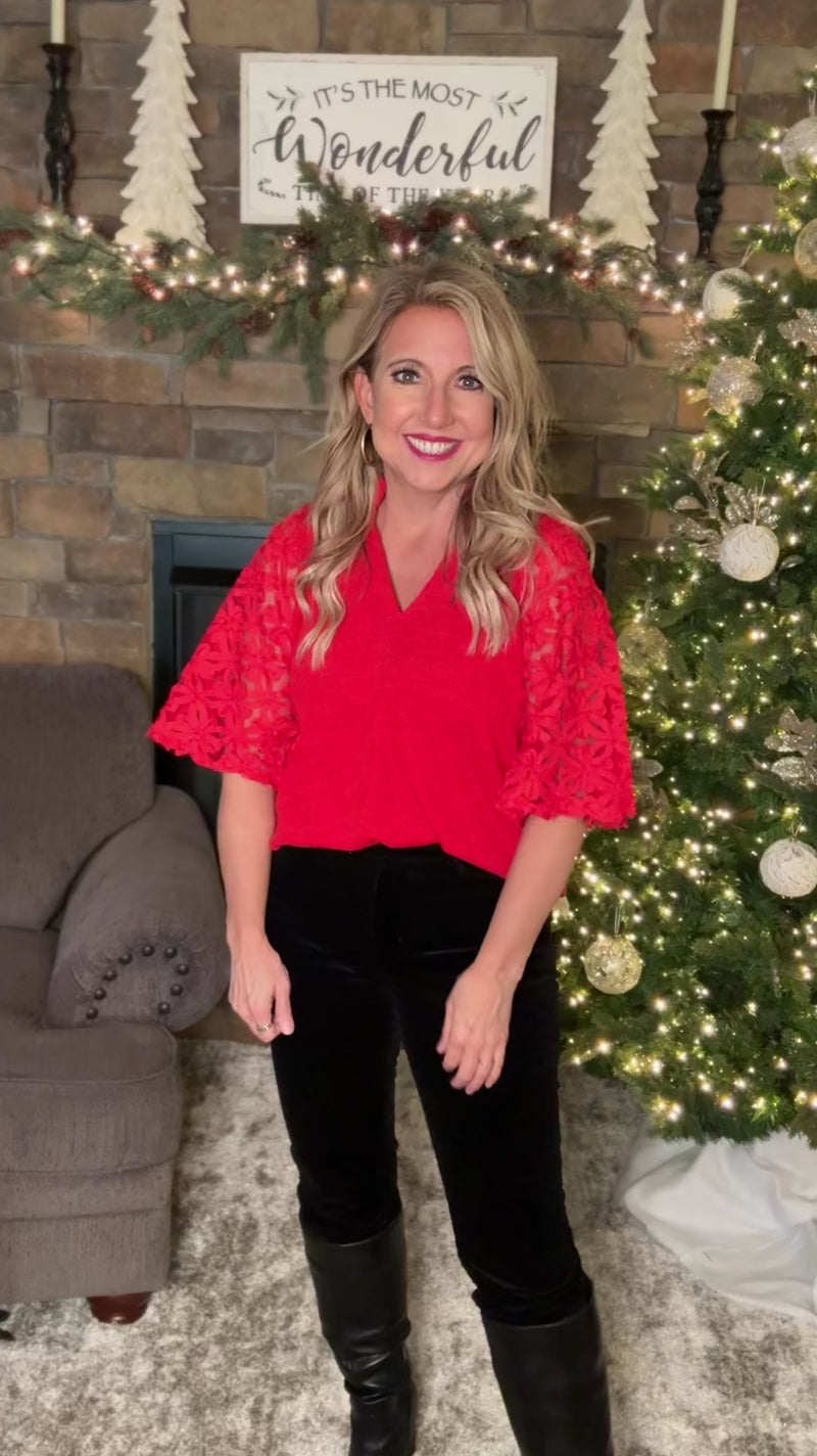 Kumasi Lace Sleeve Suede Top : Red