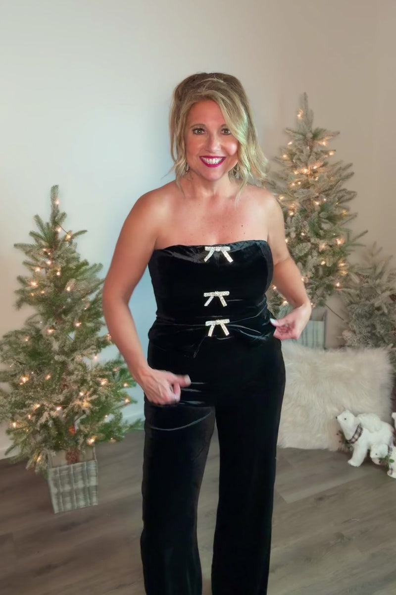 Christmas Holiday Velvet Tube Top With Rhinestone Bows : Black