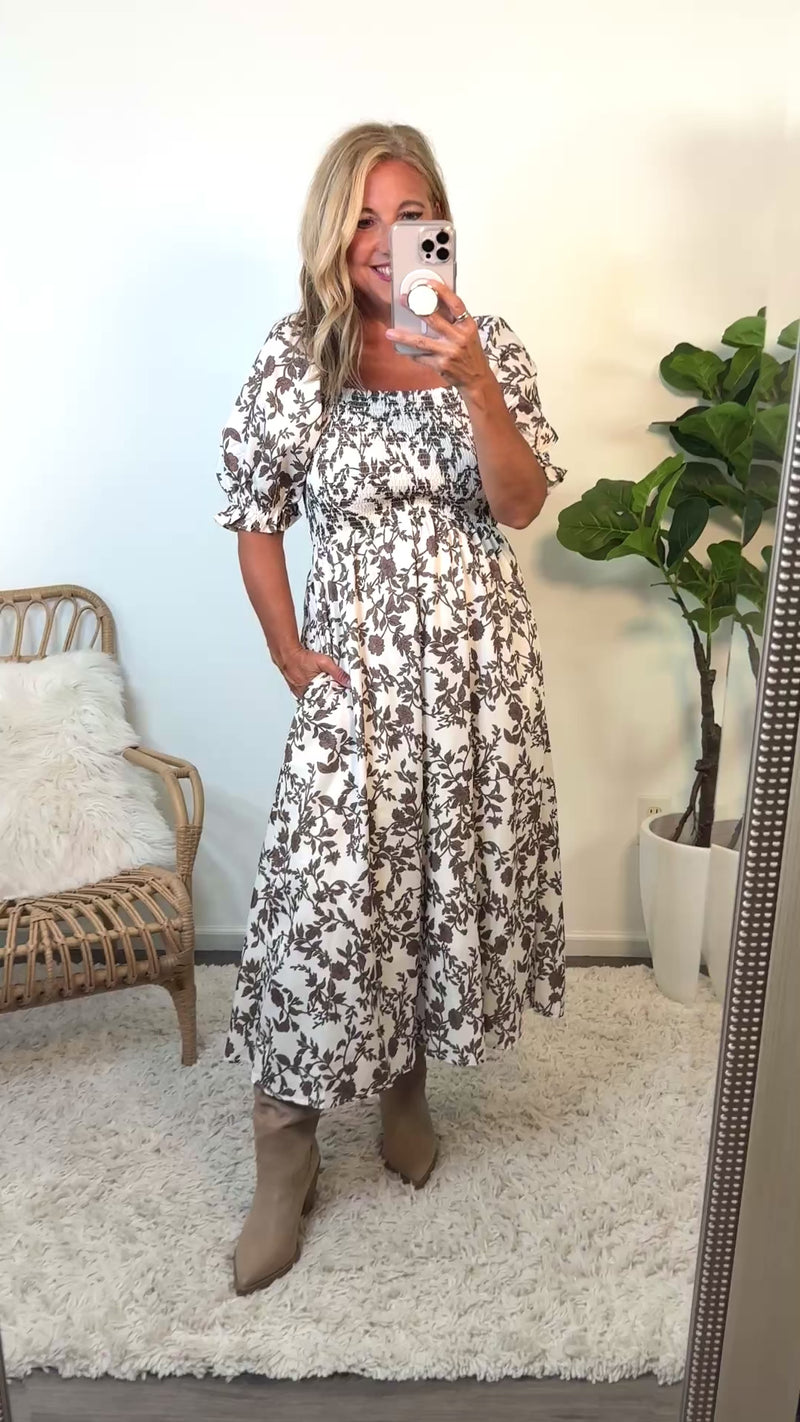 Elkie Balloon Sleeve Smocked Midi Dress : Ivory/Chocolate