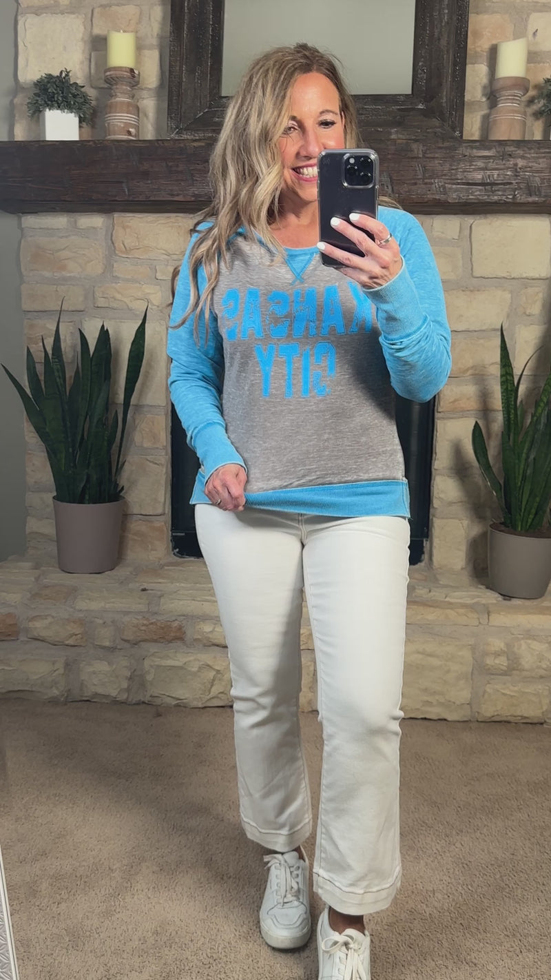 Kansas City Distressed Contrast Crew : Grey/Ocean