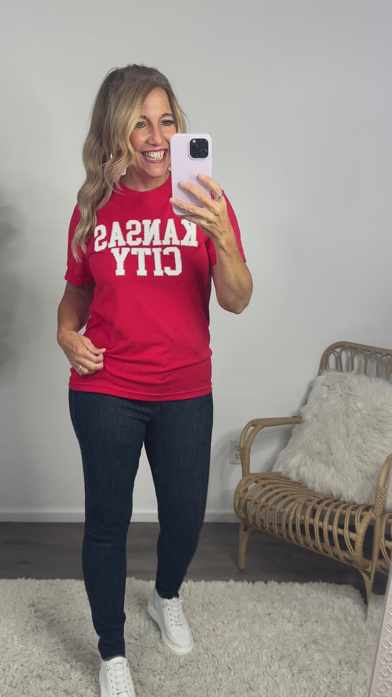 Kansas City Vinyl Puffed Letter T-Shirt : Red/White/Gold