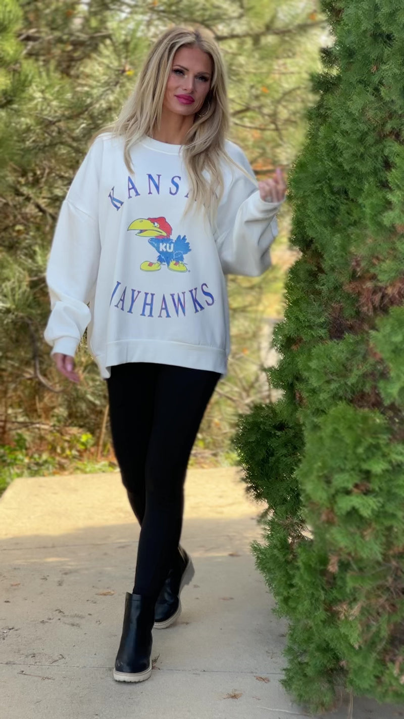 Kansas Jayhawks Play On Oversized Fleece : White/Blue/Red