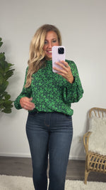 Floral Fun Bubble Sleeve Mock Neck Blouse : Green/Navy