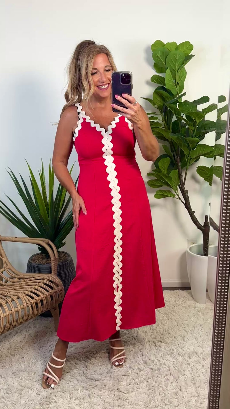 Shelby Scallop Front Maxi Dress : Red