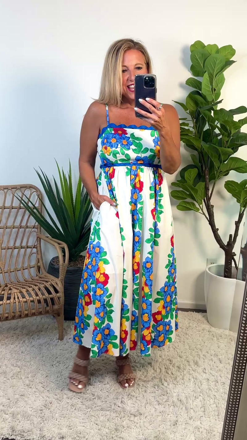 Chenoa Floral Wave Trim Maxi Dress : Blue