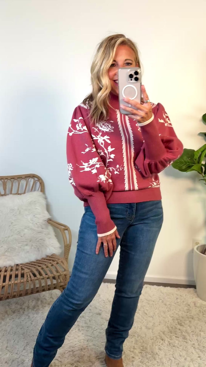 Kaelynn Balloon Sleeve Mock Neck Sweater : Red Bean