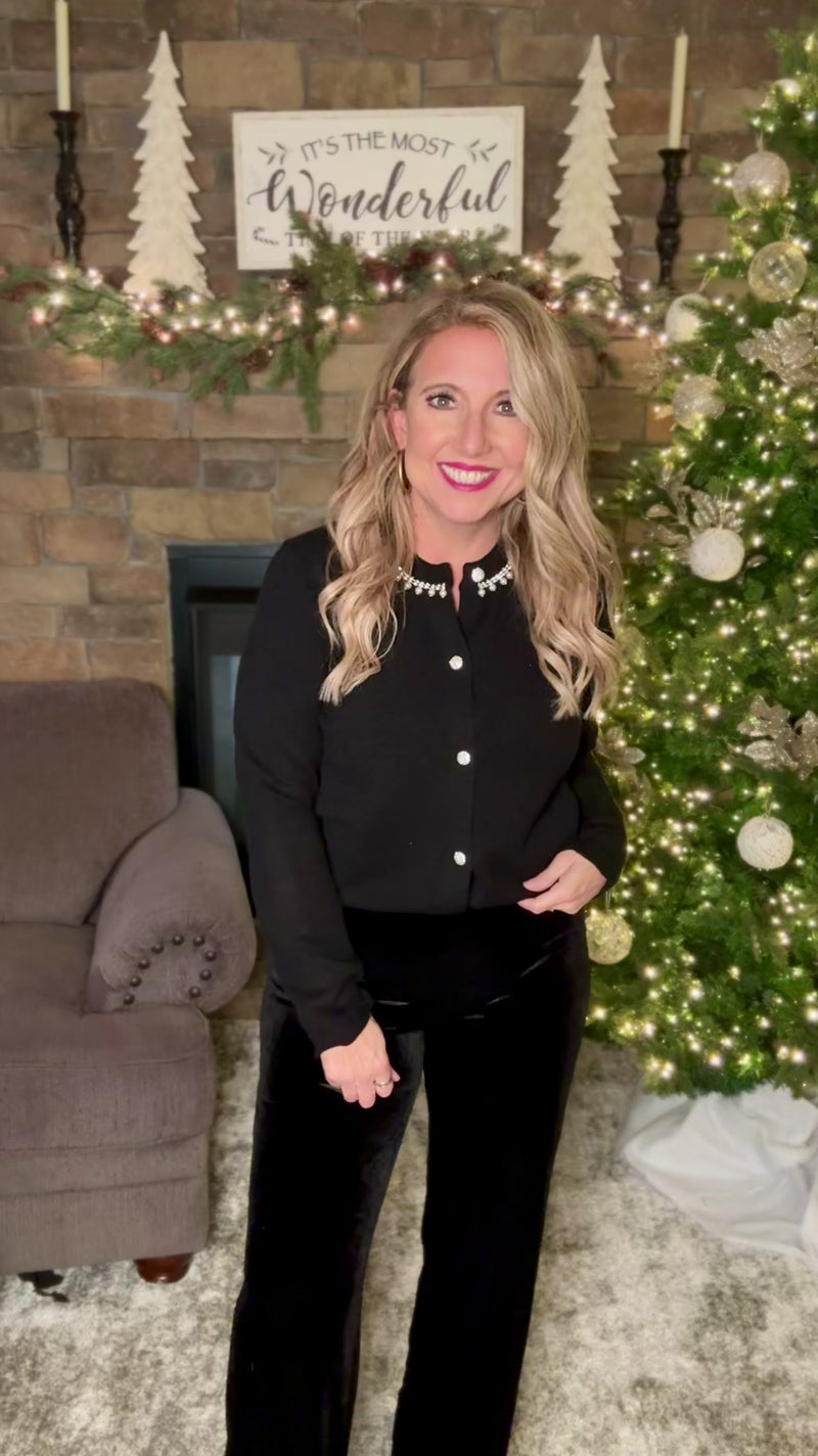 Jerusha Pearl and Rhinestone Detail Round Neck Sweater : Black