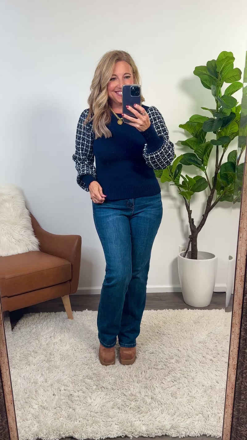 Rachael Tweed Long Sleeve Knit Top : Navy
