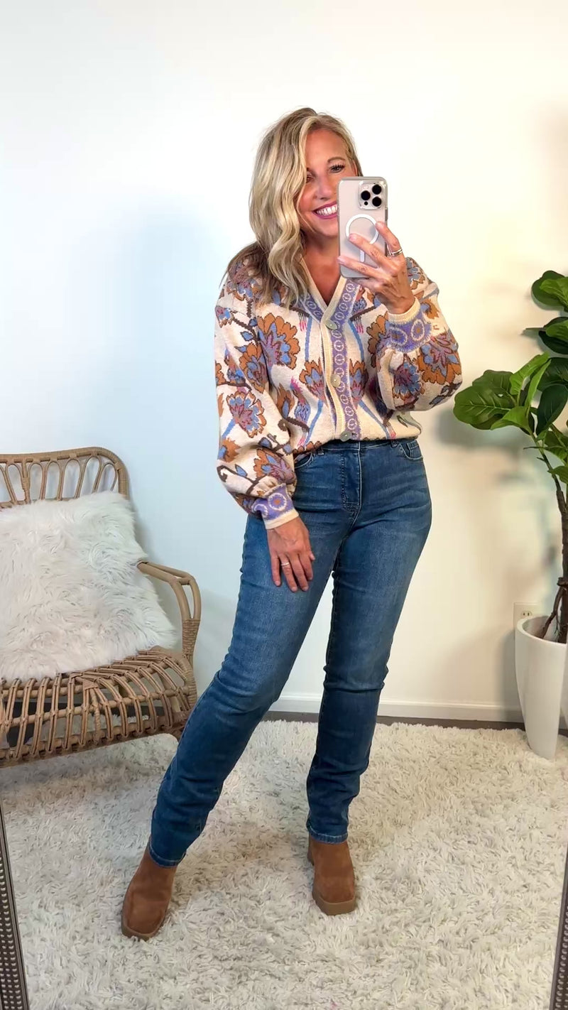 Kloe Floral Pattern Jacquard Cardigan Sweater : Taupe