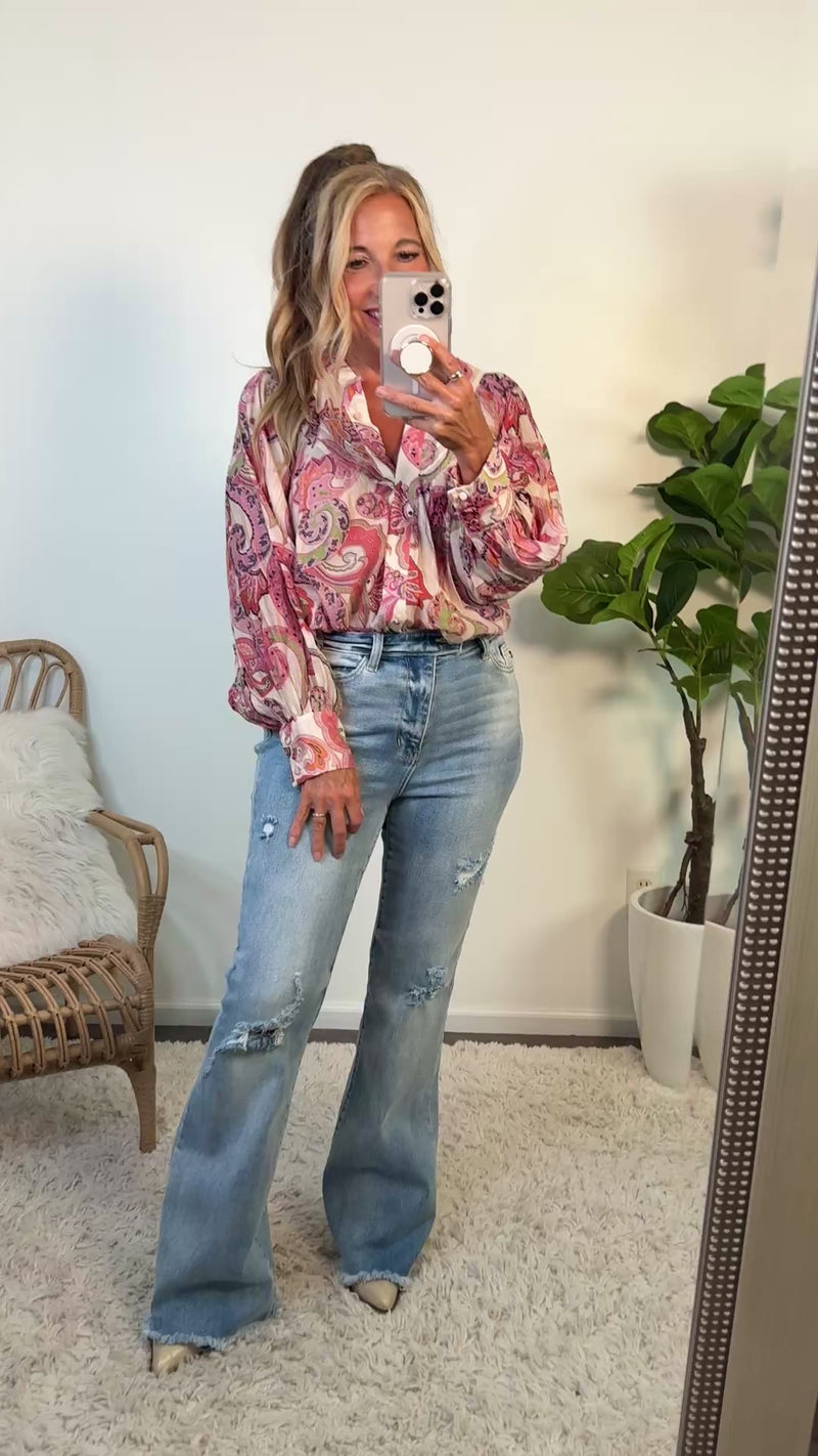 Addie Paisley Print Bubble Sleeve Top : Candy Coral