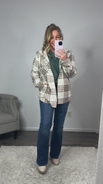 Almira Hooded Cozy Flannel Plaid Shacket : Ivory/Green/Mauve