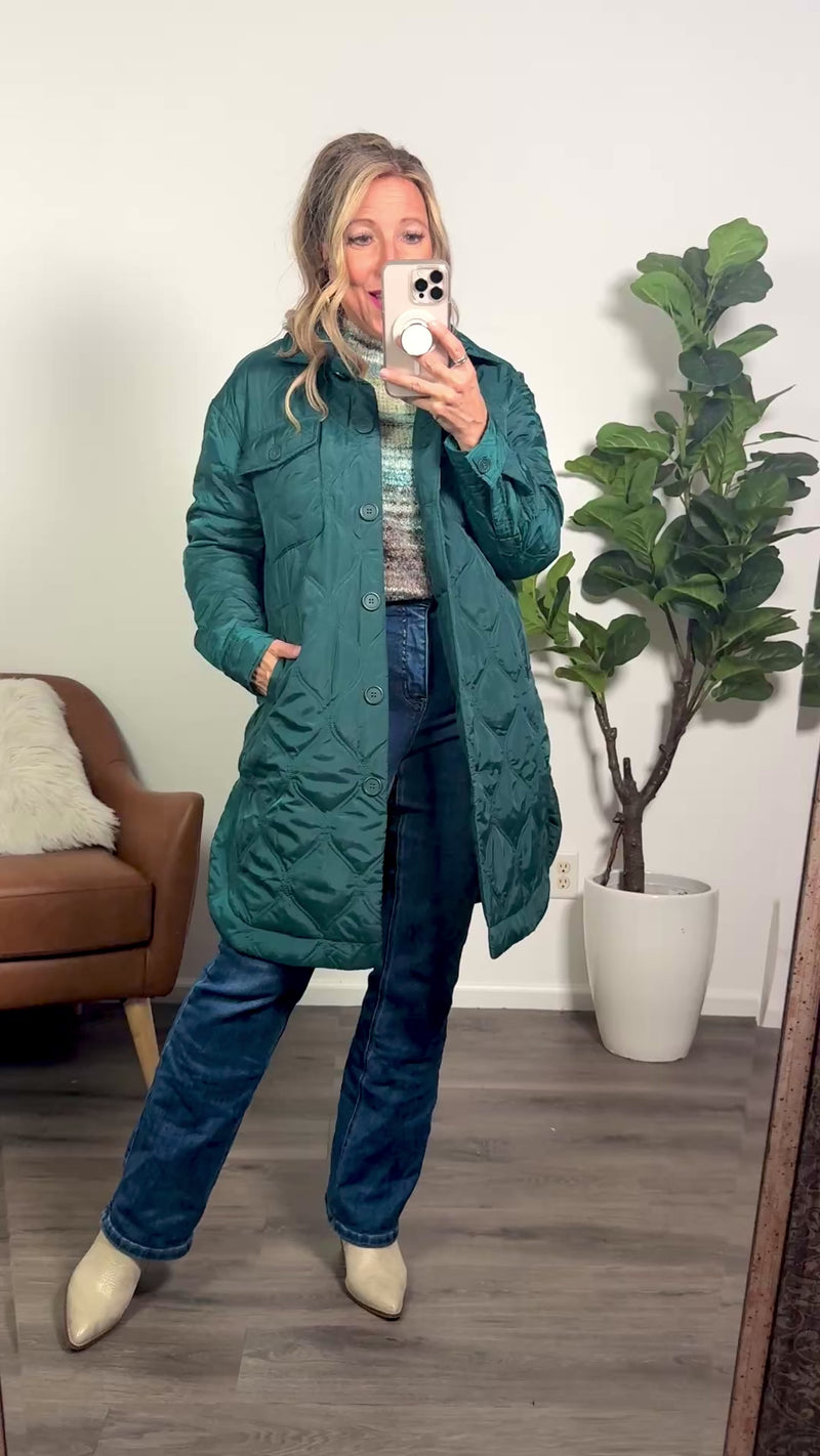 Tribal Ororo Long Quilted Button Up Jacket : Green