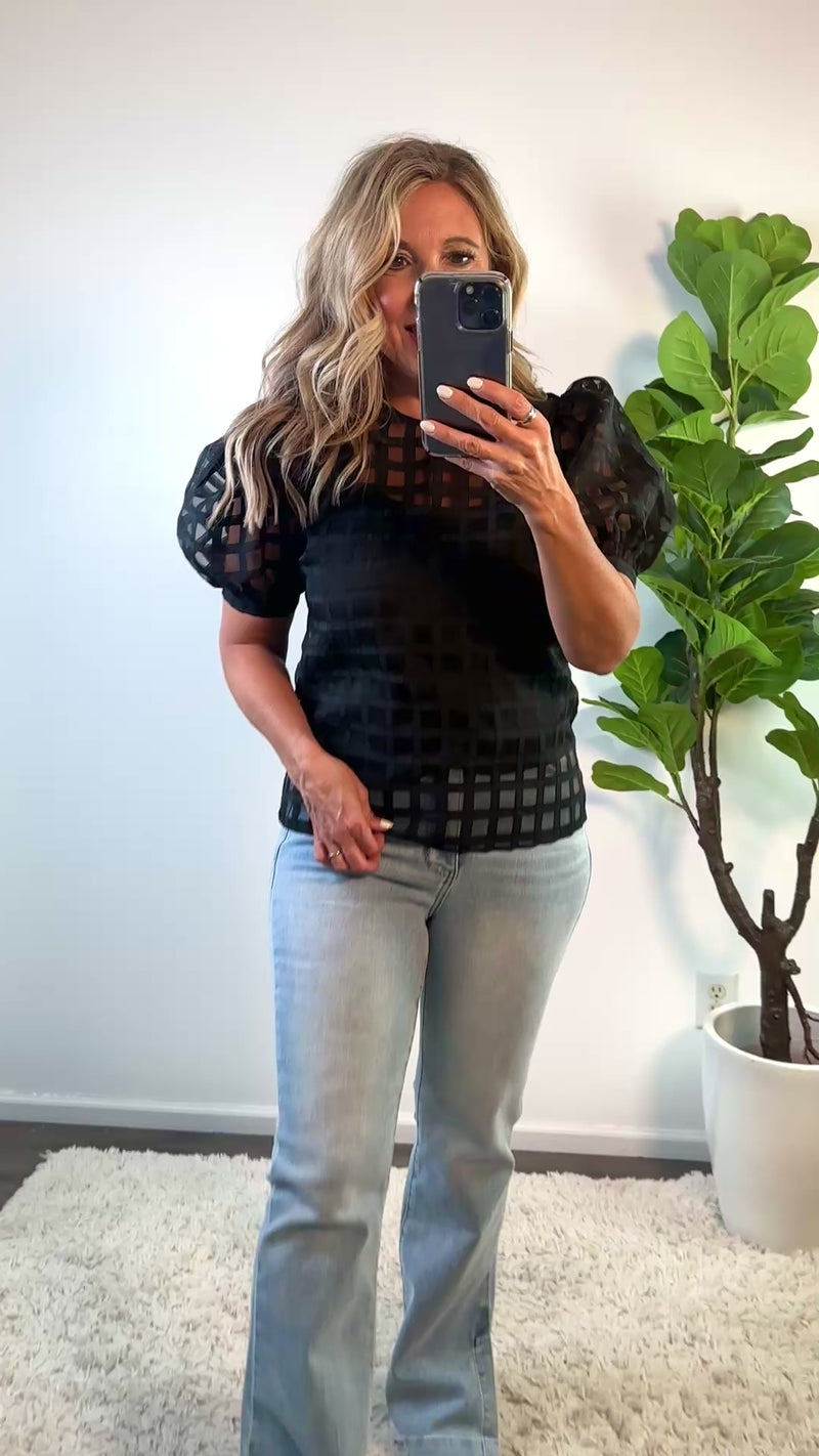 English Factory Emersyn Plaid Sheer Puff Sleeve Top : Black
