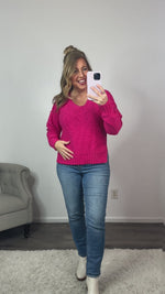 Generate Joy Exposed Seam V-Neck Sweater : Fuchsia