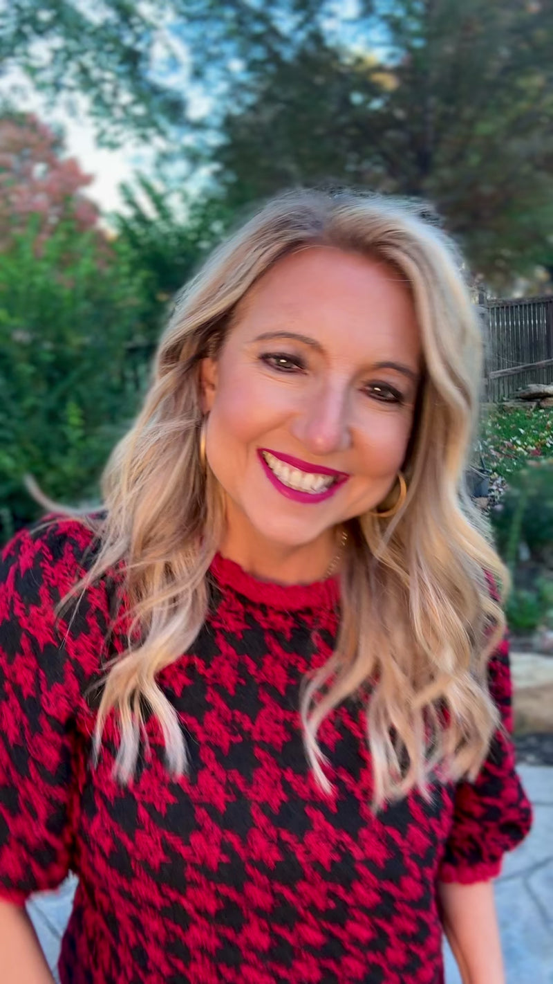 Celine Fringe Detail Houndstooth Tweed Top : Red