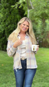 Ready For Fall Dolman Sleeve Button Down Top : Blue/Beige