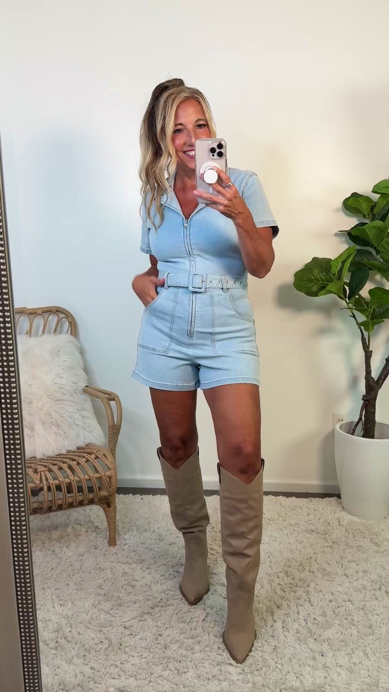 Calliope Zip Front Belted Romper : Denim