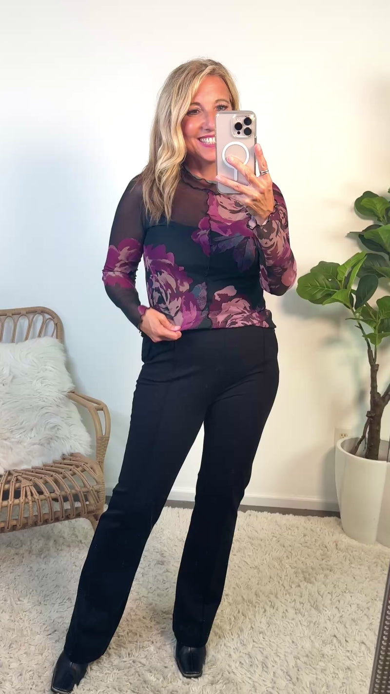 Penelope Long Sleeve Floral Mesh Top : Black