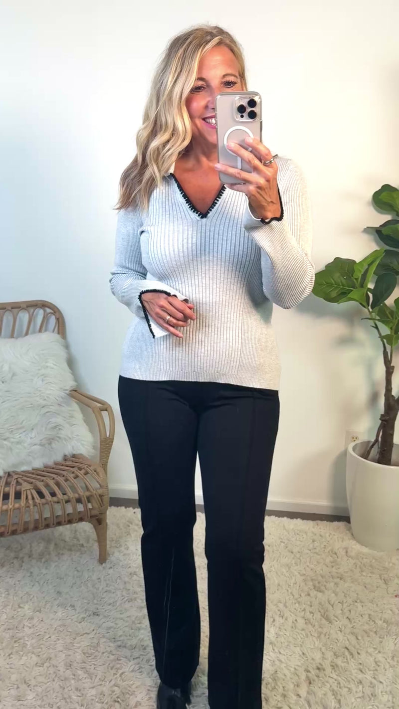 Tribal Katalia L/S Polo Sweater w/ Blanket Stitch : Grey