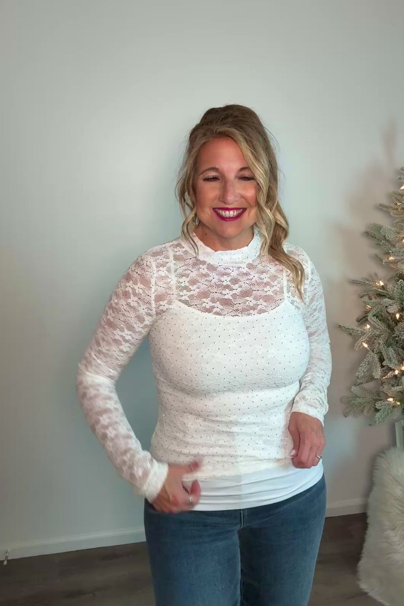 Leanne Mock Neck Lace Top : Ivory