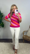 Positive Vibes Striped Short Puff Sleeve Sweater : Pink/Orange