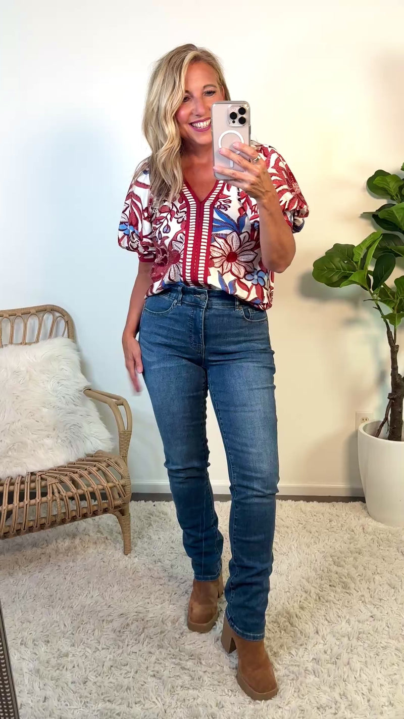 Kieryn Printed Banded Sleeve Blouse : Red Bean