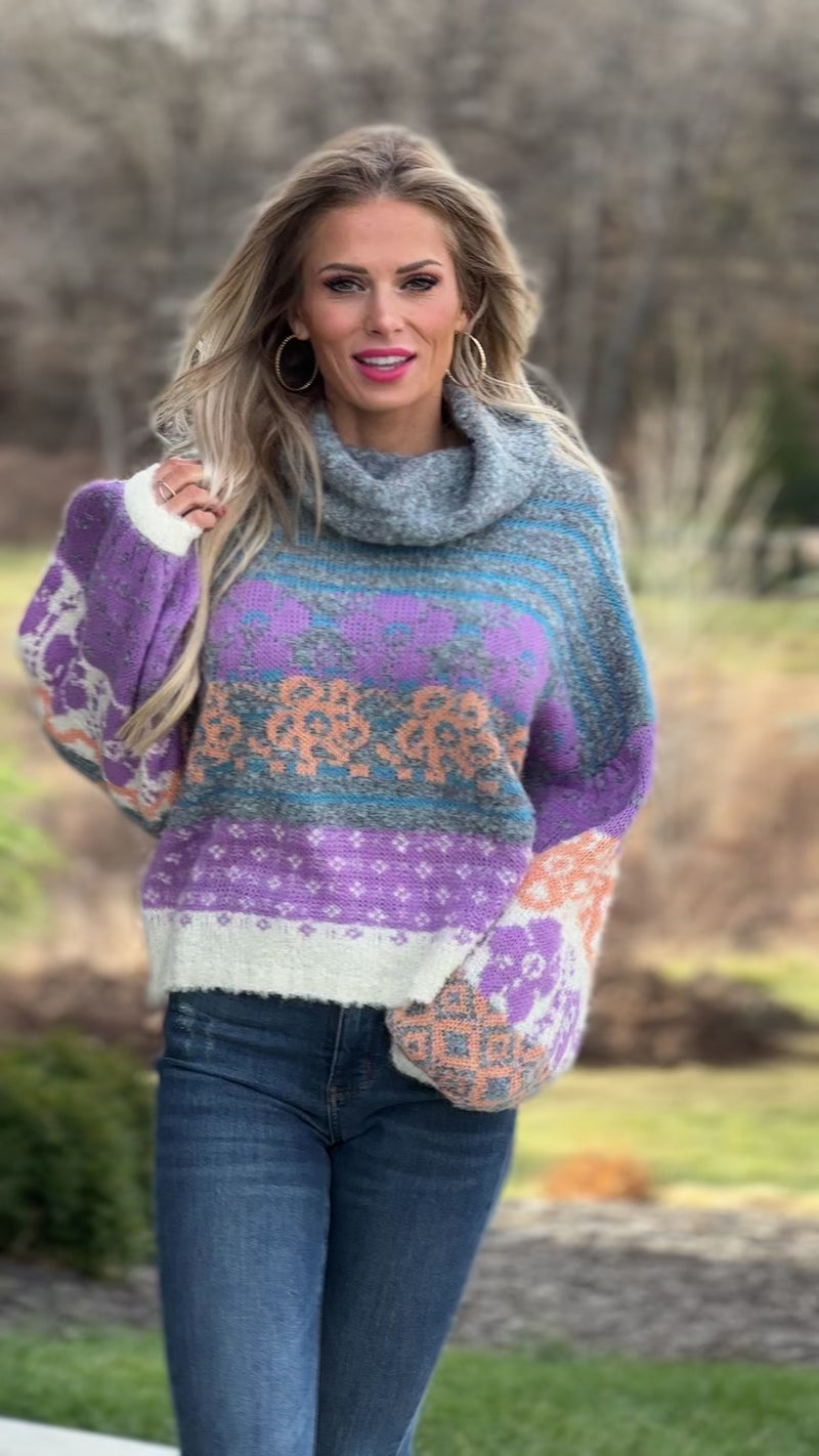 Easy On The Heart Fuzzy Turtleneck Sweater : Grey/Blue/Lavender