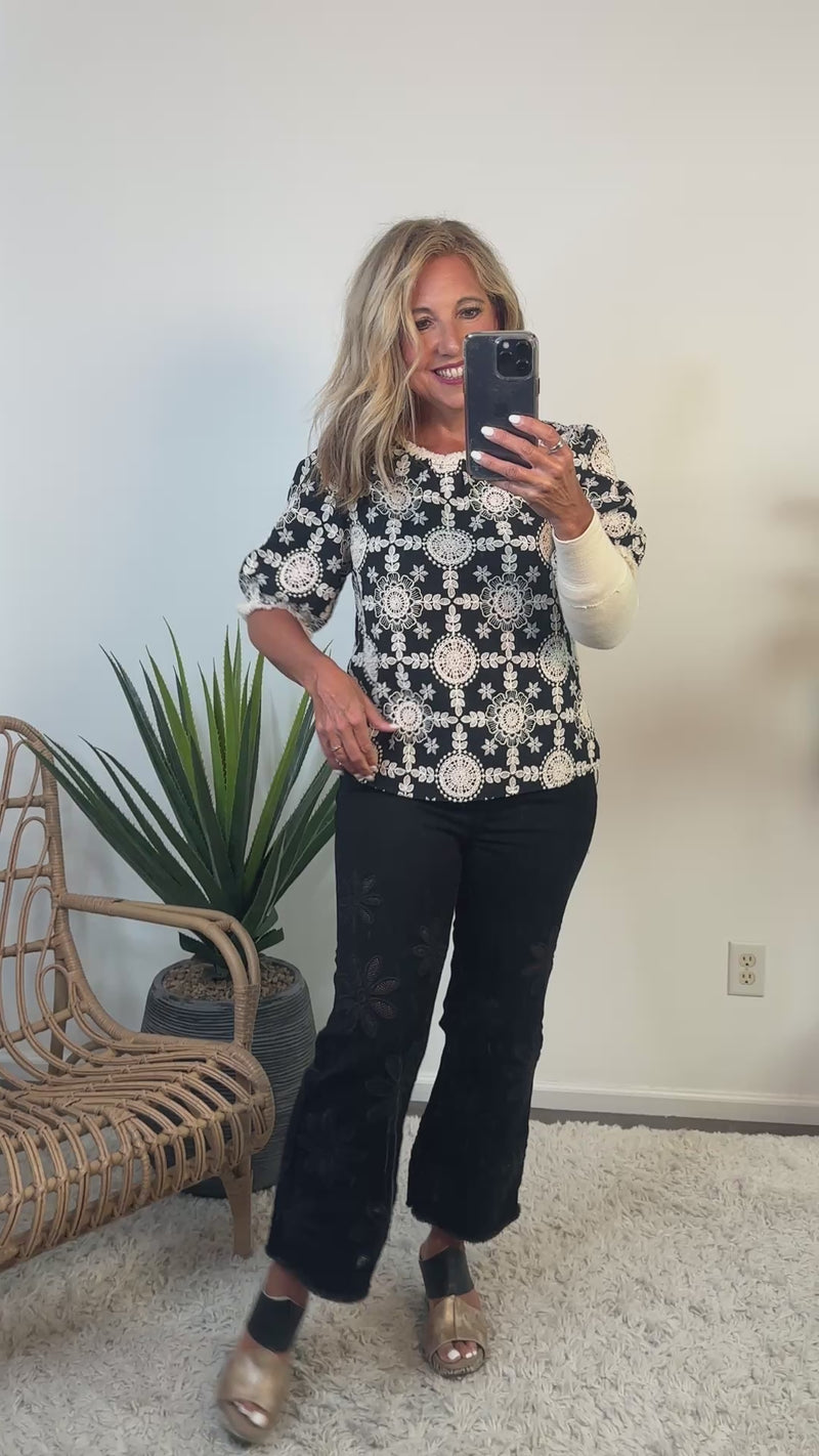 Timea Embroidered Cotton Fringe Top : Black