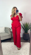 Take Me Out V-Neck Ruffle Sleeve Jumpsuit - Scarlet