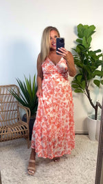 Aeris Printed Mesh Long Tiered Dress : Blush/Orange