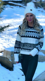 Aspen Strolls Jacquard Knit Cable Sweater : Black/Ivory