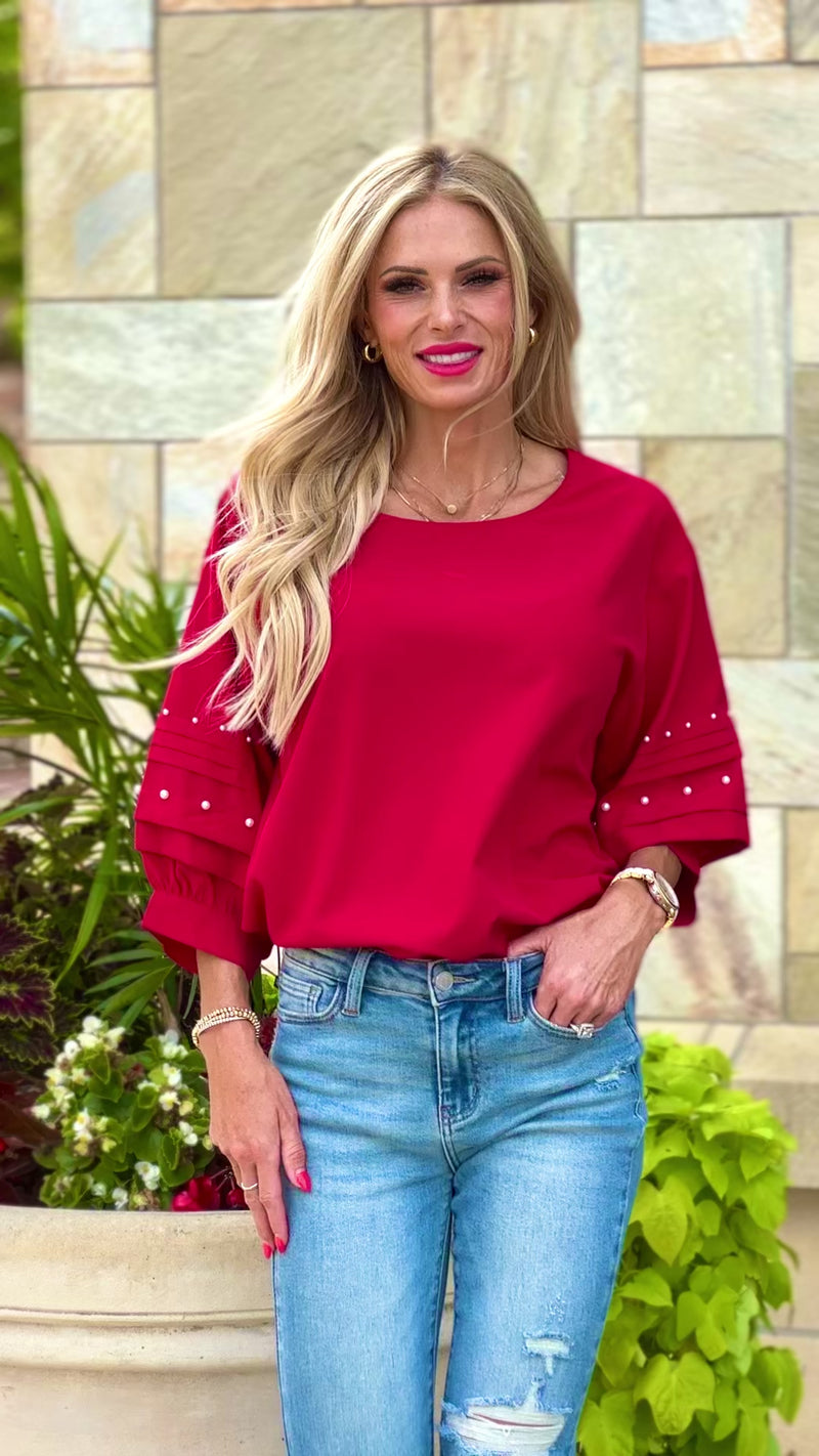 Toni Beaded Sleeve Blouse : Red