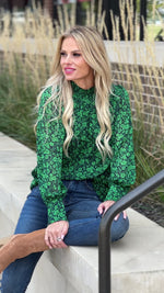 Floral Fun Bubble Sleeve Mock Neck Blouse : Green/Navy